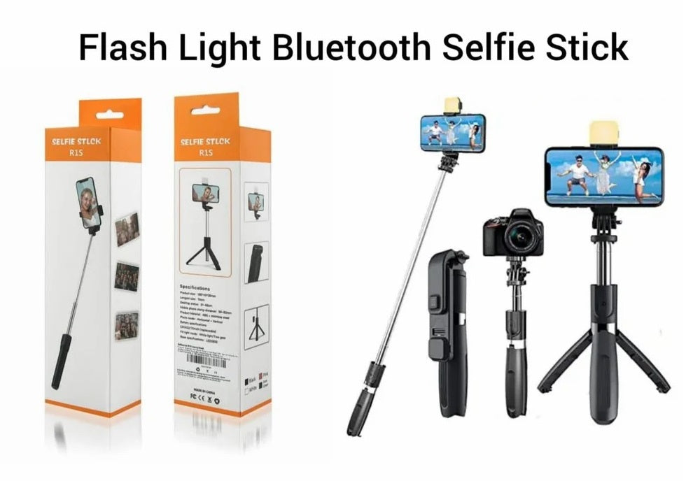 Original Wireless Selfie Stick Tripod R1S (110CM WITH LIGHT) Tripod Bluetooth Shutter foldable Selfie stick for all Phone Extendable Foldable With charging Cable Detachable Bluetooth Shutter